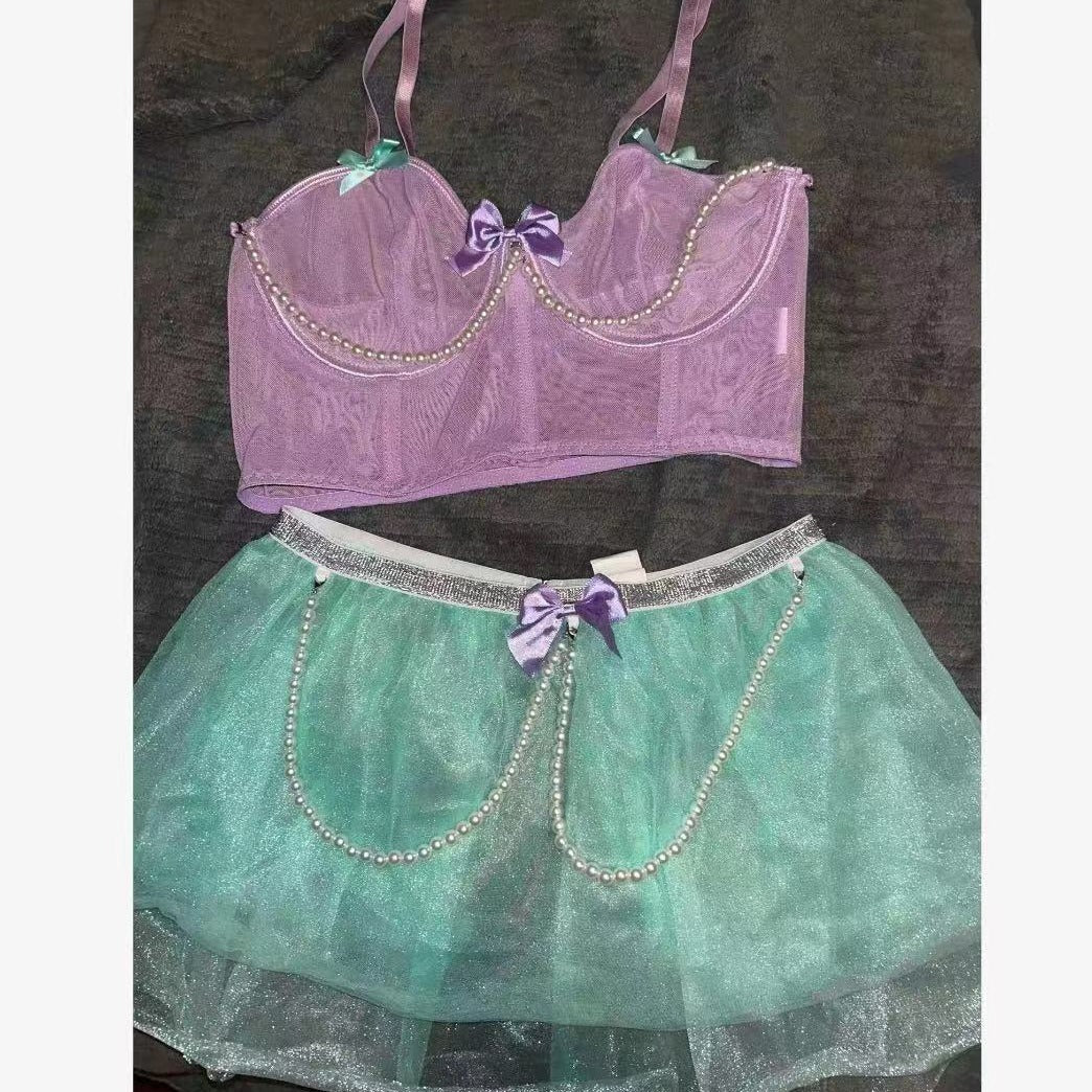 Europe and America Pearl Underwire Set Bead Chain Bowknot Strap Sexy Underwire Lingerie Set