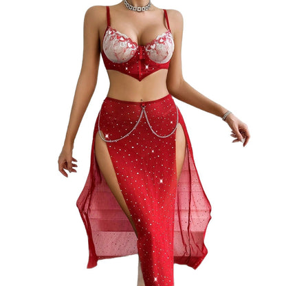 Seductive Lingerie Sexy Hot-Selling Embroidered Bra with Slit Red Three-Piece Set Lingerie for Women