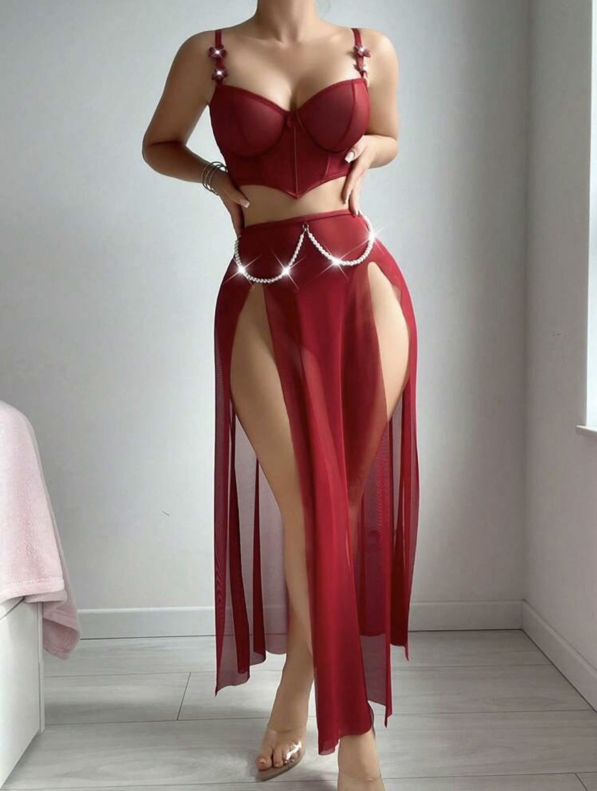 Amazon Pure Style Teddy Sexy Lingerie Pure Desire See-through Mesh Slit Nightdress Erotic Lingerie for Women