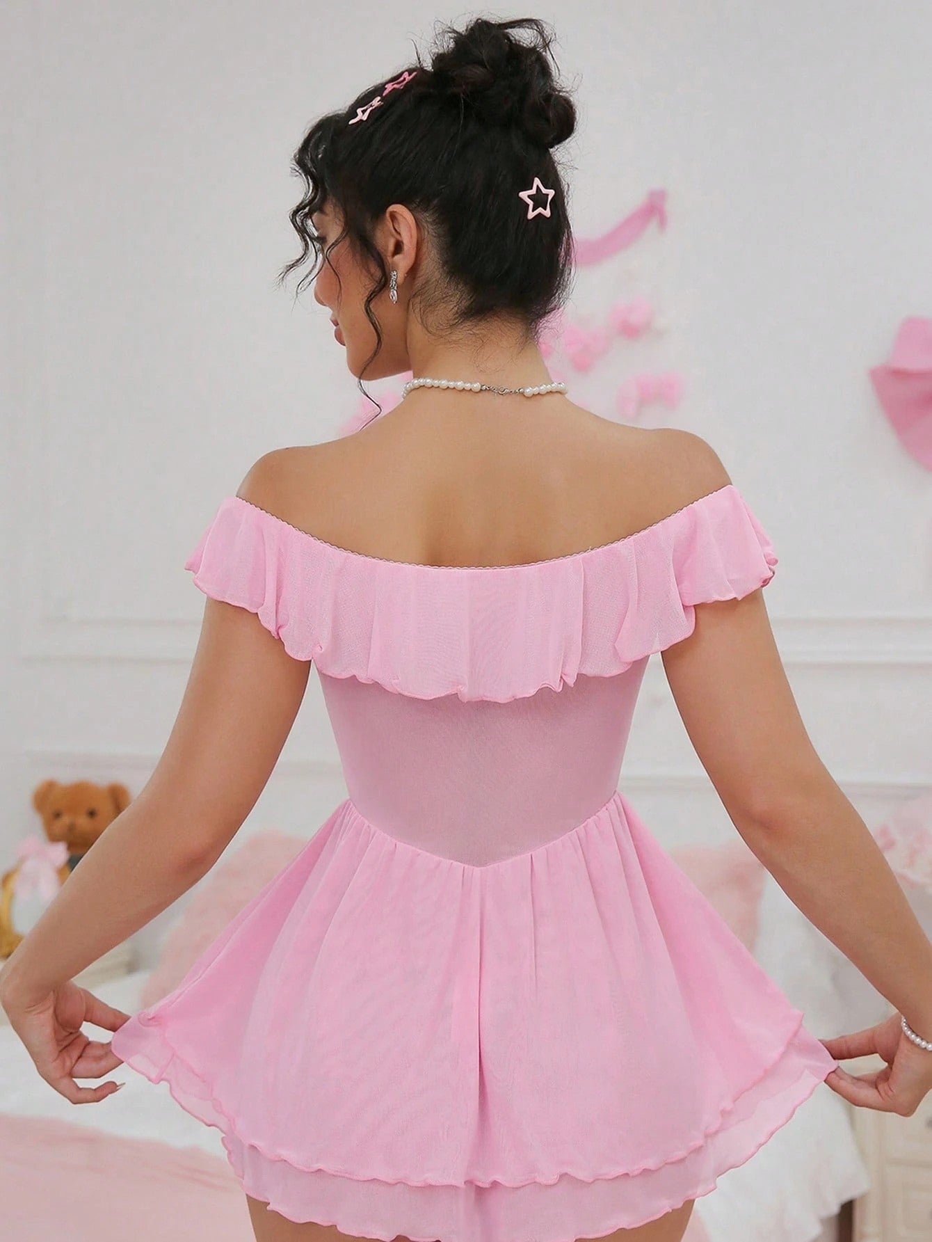 Cross-Border Foreign Trade European and American Sexy See-Through Mesh Dress Temptation Off-Shoulder Pure Desire Style Uniform Sexy Lingerie