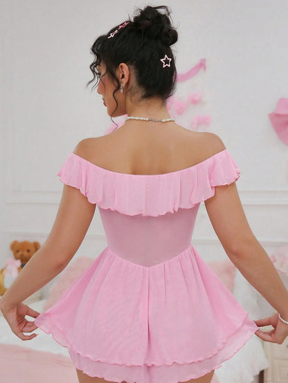 Cross-Border Foreign Trade European and American Sexy See-Through Mesh Dress Temptation Off-Shoulder Pure Desire Style Uniform Sexy Lingerie