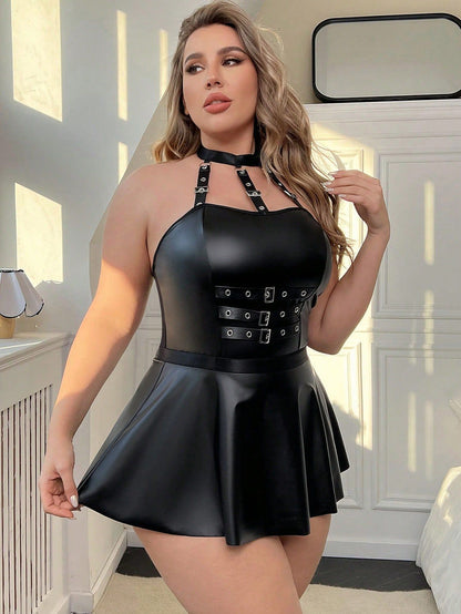 Foreign Trade Factory European and American Plus Size Chain Nightclub Uniform Sexy Halter Patent Leather Dress Lingerie Set for Women