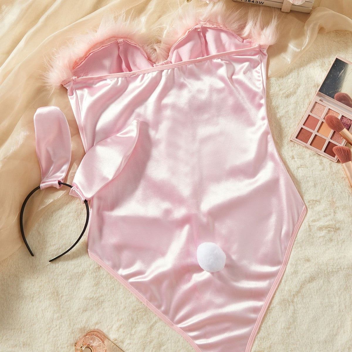 Lingerie Bodystocking Sexy Pink Bunny Girl Uniform Furry Bunny Ears and Tail Jumpsuit
