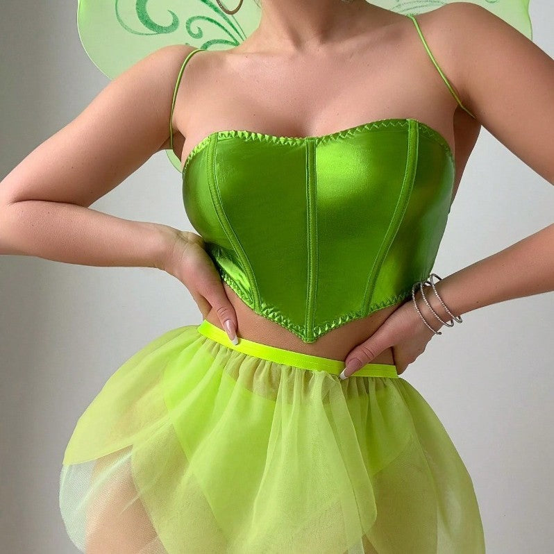 INS European and American Cross-Border Sexy Backless Butterfly Strap Bra Green Sheer Mesh Dress Erotic Lingerie Four-Piece Set