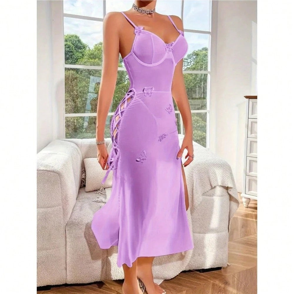 Foreign Trade European and American Style Sexy See-through Mesh Temptation Lace Backless High Slit Erotic Lingerie Camisole Dress for Women