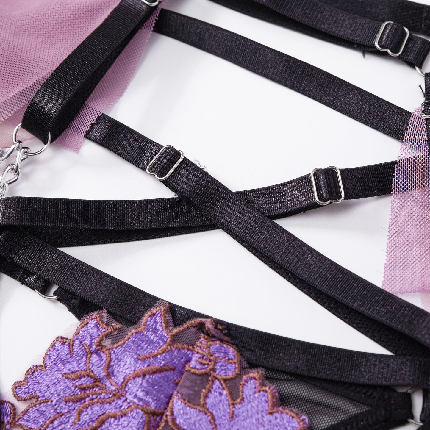 Amazon Cross-Border European and American Thin Embroidered Bra Set Mesh Floral Lingerie Women's Garter Belt Sexy Lingerie Set