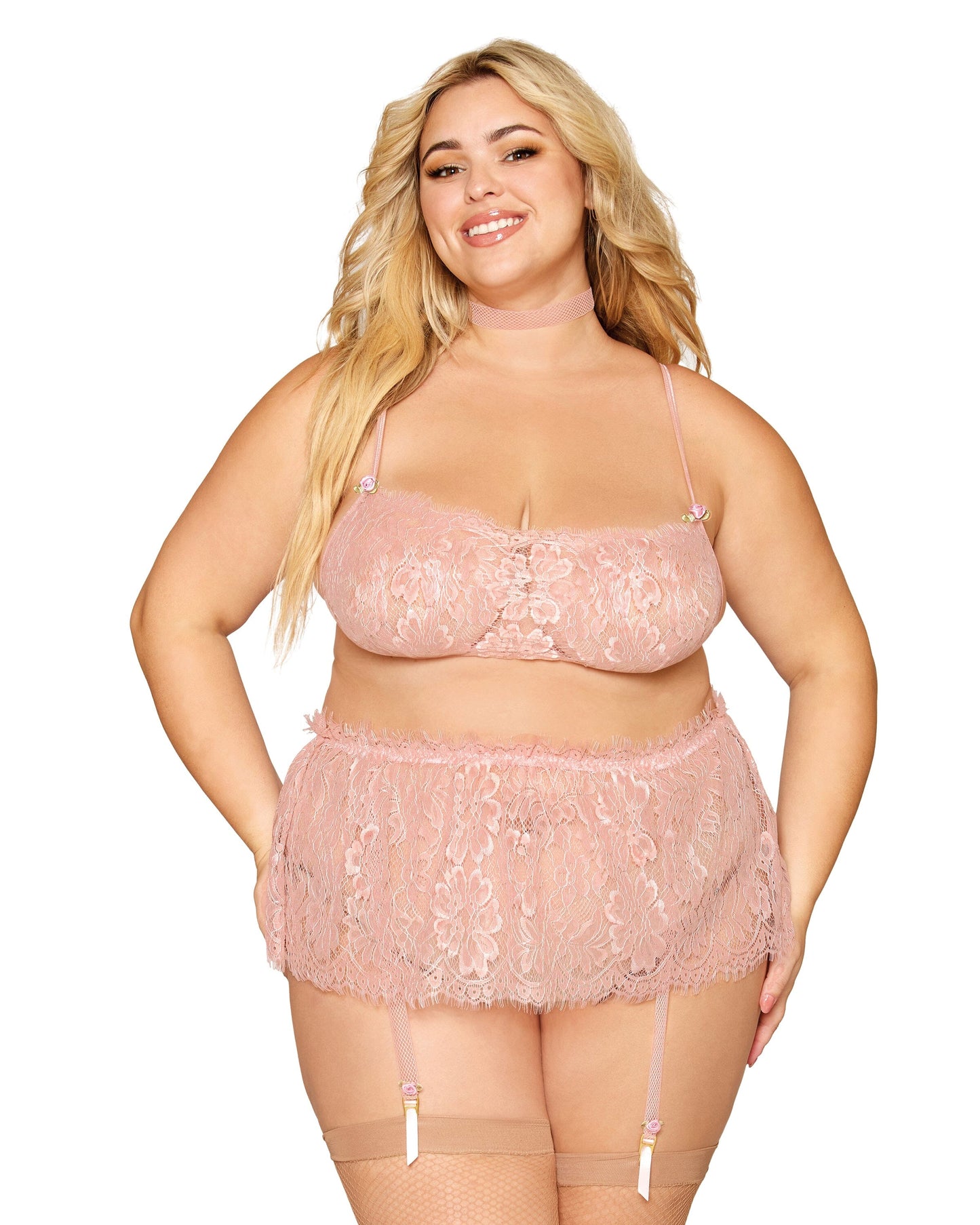 EYELASH LACE BRALETTE GARTER SKIRT SET ROSE QUARTZ Q/S