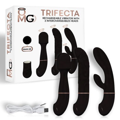 TRIFECTA RECHARGEABLE VIBRATOR W/ 3 INTERCHANGEABLE HEADS BLACK