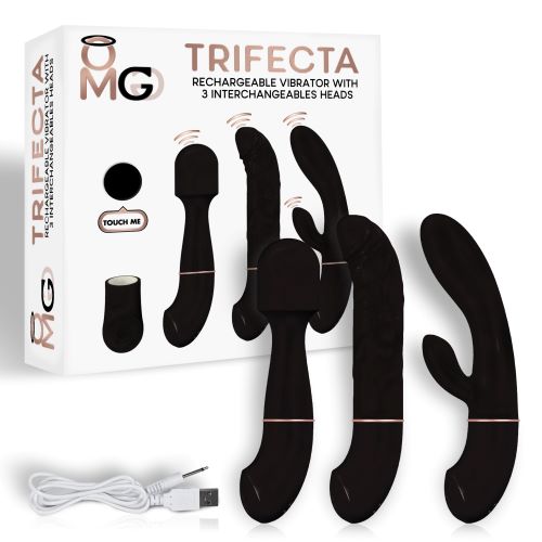 TRIFECTA RECHARGEABLE VIBRATOR W/ 3 INTERCHANGEABLE HEADS BLACK
