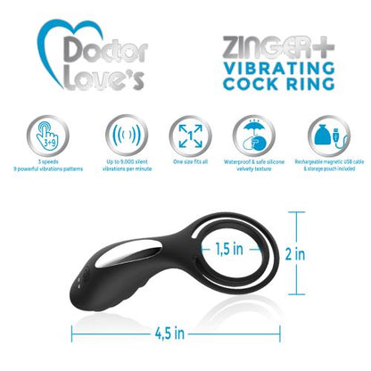DOCTOR LOVE ZINGER+ VIBRATING RECHARGEABLE COCK RING BLACK