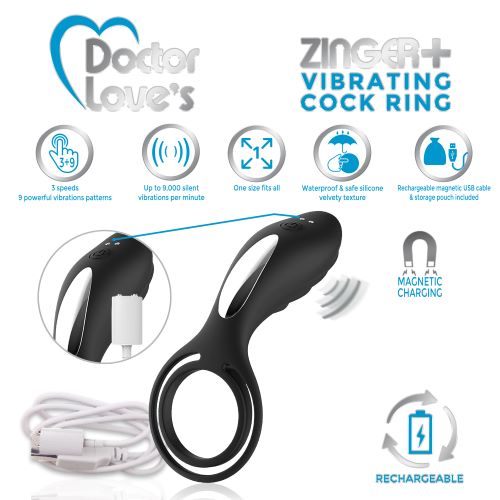 DOCTOR LOVE ZINGER+ VIBRATING RECHARGEABLE COCK RING W/ REMOTE BLACK