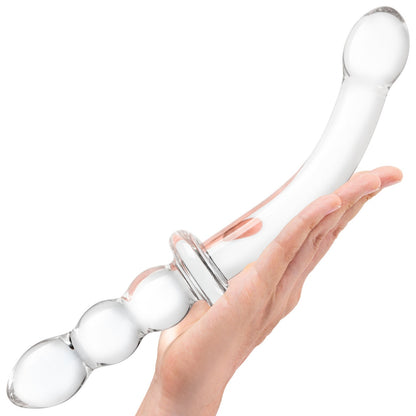 GLAS 12IN GIRTHY RIBBED G-SPOT GLASS DILDO W/ HANDLE GRIP