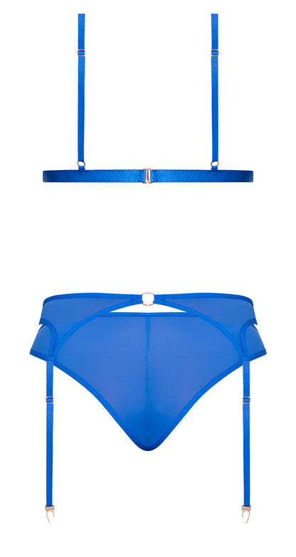 SASSY BRA GARTER & ROUCHED PANTY COBALT 2XL