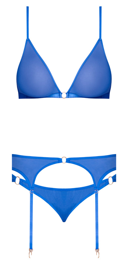 SASSY BRA GARTER & ROUCHED PANTY COBALT 2XL