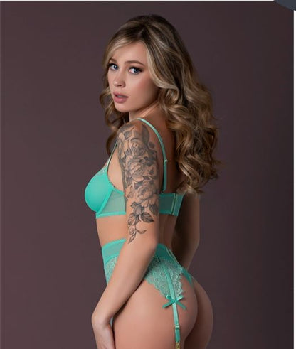 CARIBBEAN CRUSH BRA & GARTER THONG SET AQUA GLOW S/M