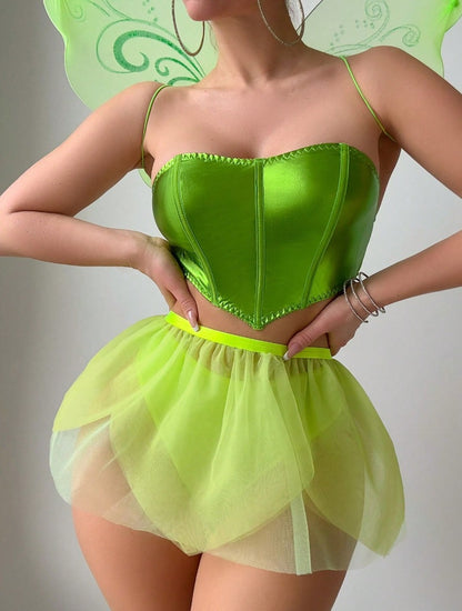 INS European and American Cross-Border Sexy Backless Butterfly Strap Bra Green Sheer Mesh Dress Erotic Lingerie Four-Piece Set