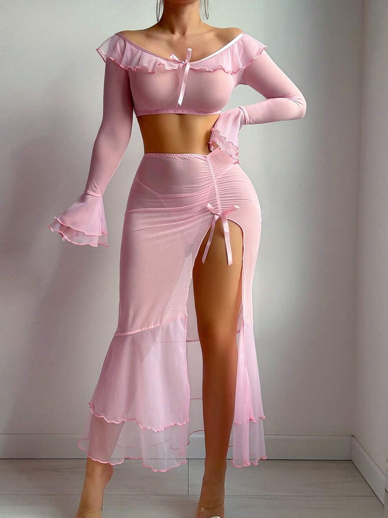 High-Slit Lingerie Dress Mesh Uniform High Slit Long Skirt Sexy Lingerie Set