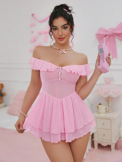 Cross-Border Foreign Trade European and American Sexy See-Through Mesh Dress Temptation Off-Shoulder Pure Desire Style Uniform Sexy Lingerie