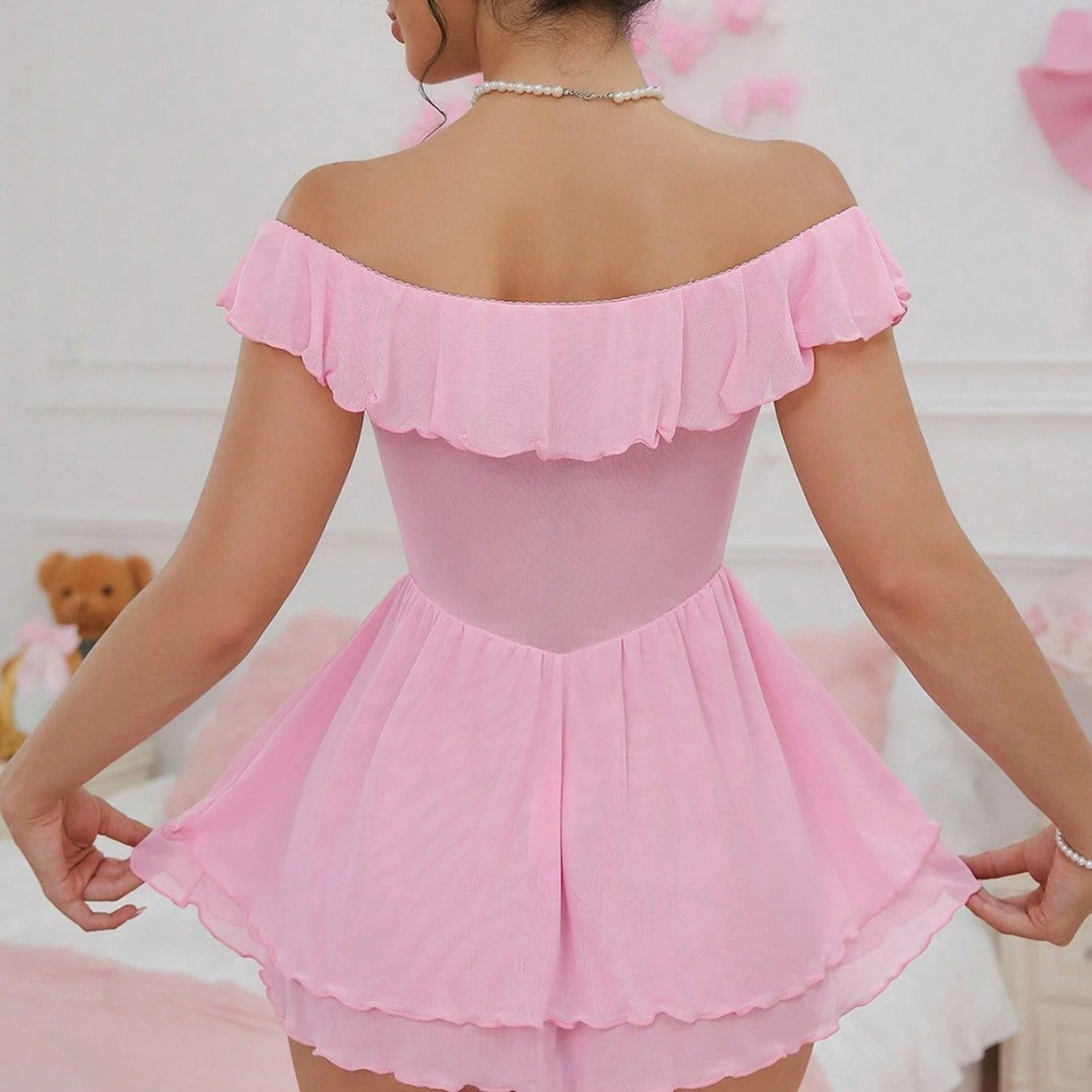 Cross-Border Foreign Trade European and American Sexy See-Through Mesh Dress Temptation Off-Shoulder Pure Desire Style Uniform Sexy Lingerie