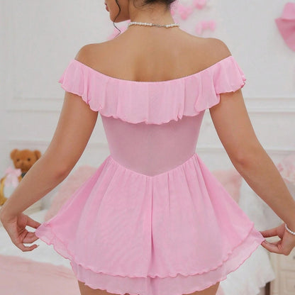 Cross-Border Foreign Trade European and American Sexy See-Through Mesh Dress Temptation Off-Shoulder Pure Desire Style Uniform Sexy Lingerie