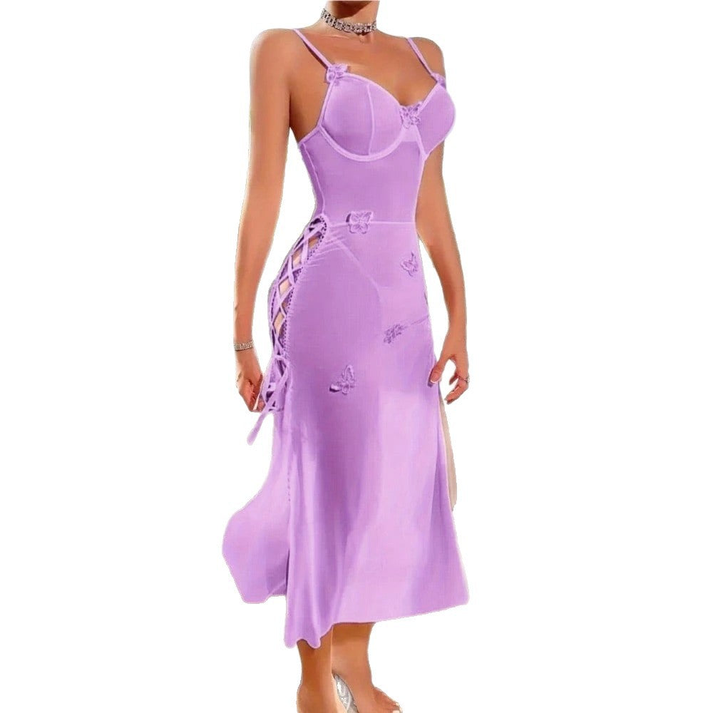 Foreign Trade European and American Style Sexy See-through Mesh Temptation Lace Backless High Slit Erotic Lingerie Camisole Dress for Women