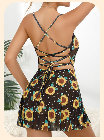 Cross-Border New European and American Sexy Strap Daisy Print Dress Black Sheer Floral Tie Sexy Nightdress