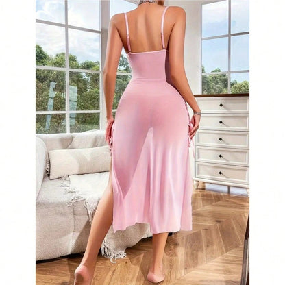 Foreign Trade European and American Style Sexy See-through Mesh Temptation Lace Backless High Slit Erotic Lingerie Camisole Dress for Women