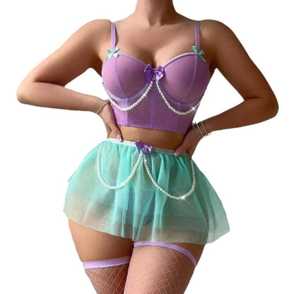 Europe and America Pearl Underwire Set Bead Chain Bowknot Strap Sexy Underwire Lingerie Set