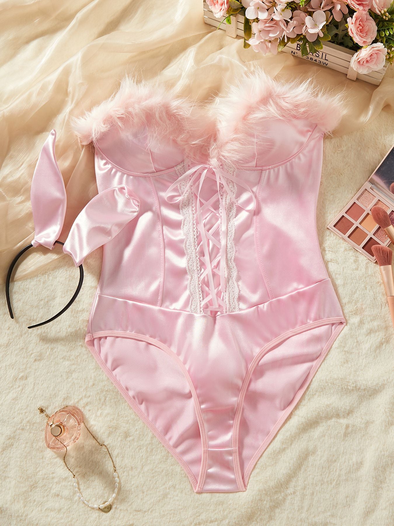 Lingerie Bodystocking Sexy Pink Bunny Girl Uniform Furry Bunny Ears and Tail Jumpsuit