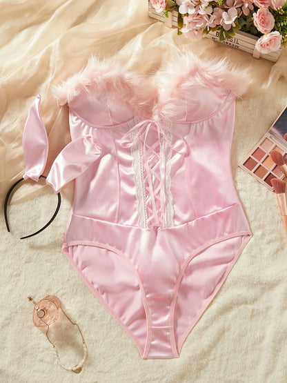 Lingerie Bodystocking Sexy Pink Bunny Girl Uniform Furry Bunny Ears and Tail Jumpsuit