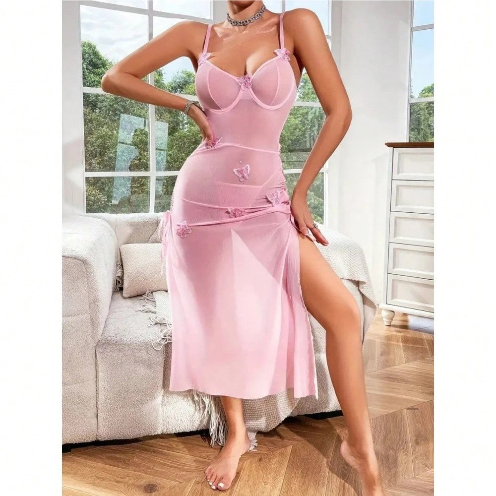 Foreign Trade European and American Style Sexy See-through Mesh Temptation Lace Backless High Slit Erotic Lingerie Camisole Dress for Women