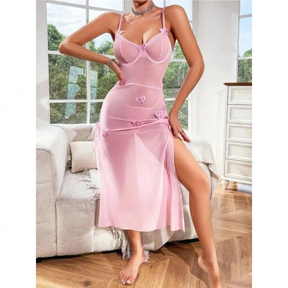 Foreign Trade European and American Style Sexy See-through Mesh Temptation Lace Backless High Slit Erotic Lingerie Camisole Dress for Women