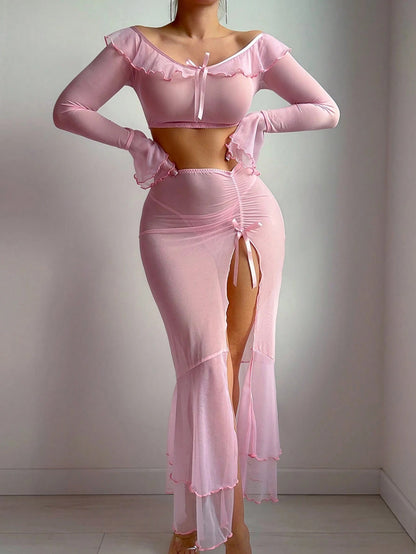 High-Slit Lingerie Dress Mesh Uniform High Slit Long Skirt Sexy Lingerie Set