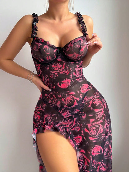 Amazon High-Slit Teddy Set Hot-selling Women's Camisole Floral Split Dress Sexy Lingerie