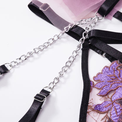 Amazon Cross-Border European and American Thin Embroidered Bra Set Mesh Floral Lingerie Women's Garter Belt Sexy Lingerie Set