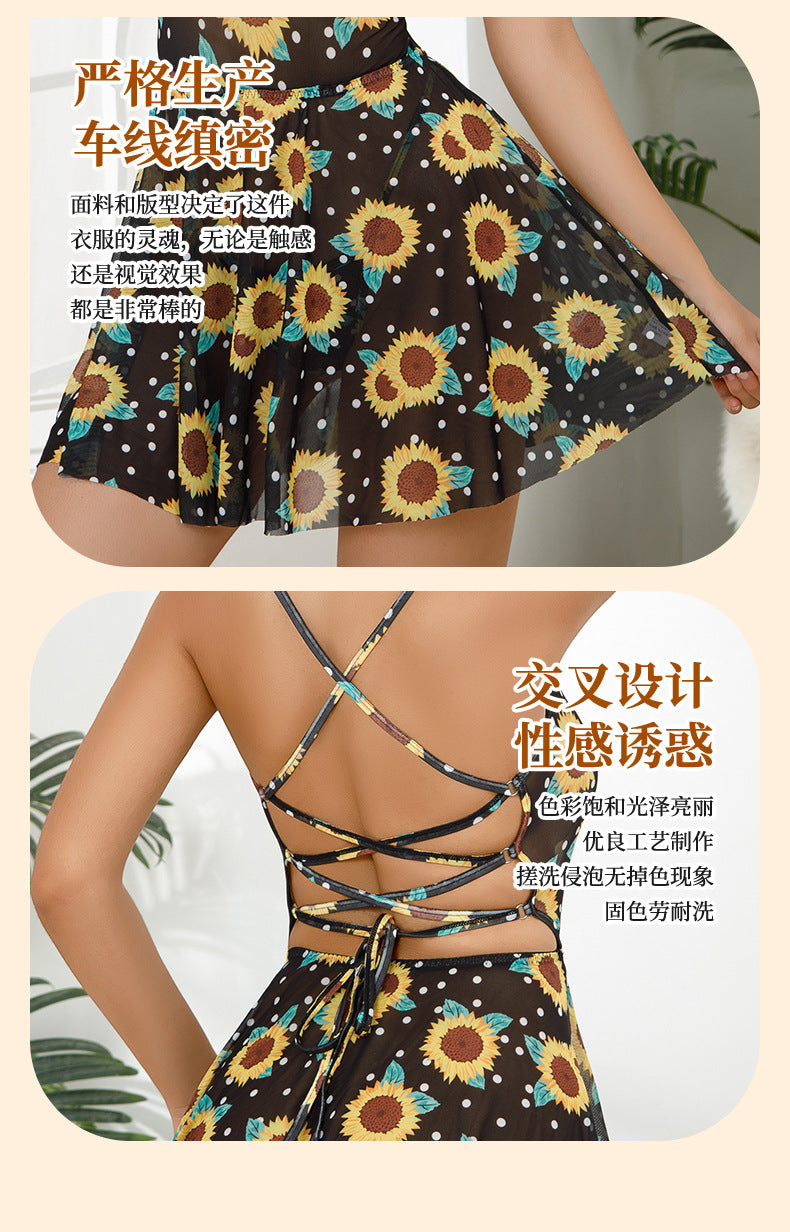 Cross-Border New European and American Sexy Strap Daisy Print Dress Black Sheer Floral Tie Sexy Nightdress