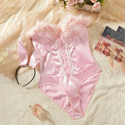 Lingerie Bodystocking Sexy Pink Bunny Girl Uniform Furry Bunny Ears and Tail Jumpsuit