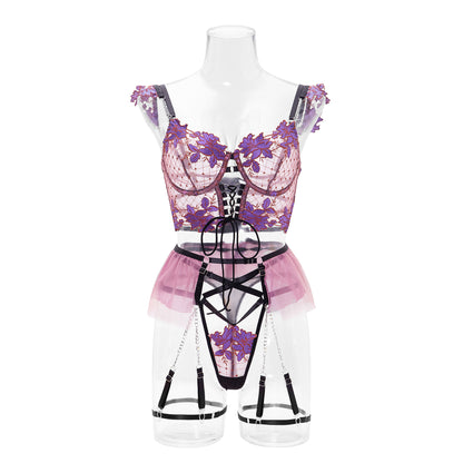 Amazon Cross-Border European and American Thin Embroidered Bra Set Mesh Floral Lingerie Women's Garter Belt Sexy Lingerie Set