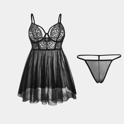 Cross-border Amazon European and American New Sexy Nightdress Ultra-thin Lace Mesh Strap Women's Temptation Erotic Nightwear