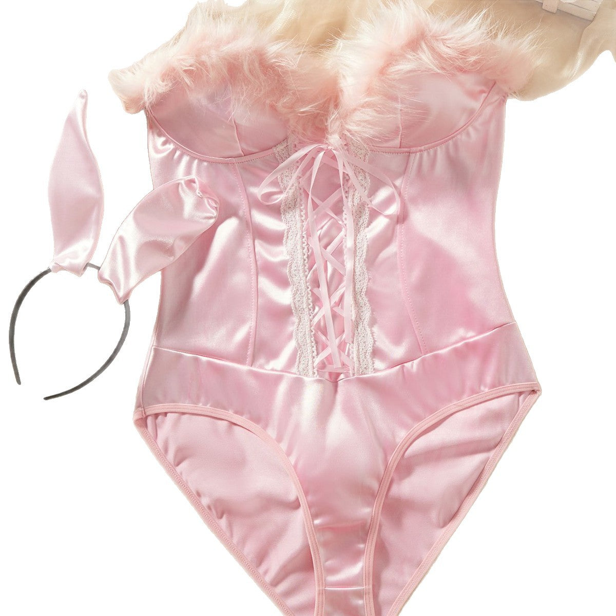 Lingerie Bodystocking Sexy Pink Bunny Girl Uniform Furry Bunny Ears and Tail Jumpsuit