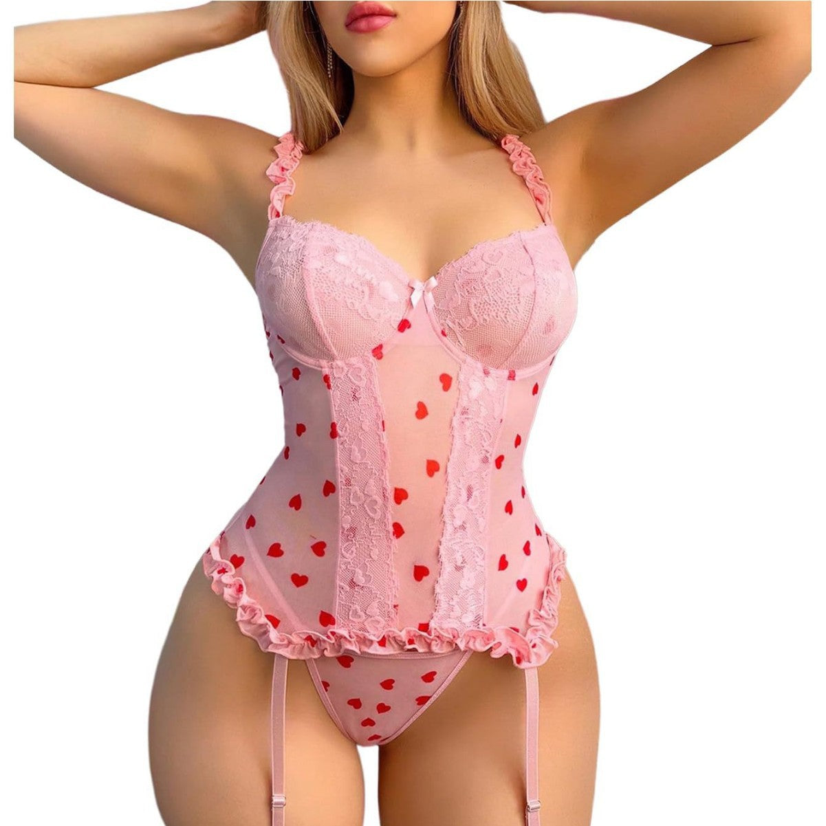 Amazon Bodysuit Heart-shaped Lace Bodysuit with Garter Belt and Fishnet Stockings Sexy Lingerie Set