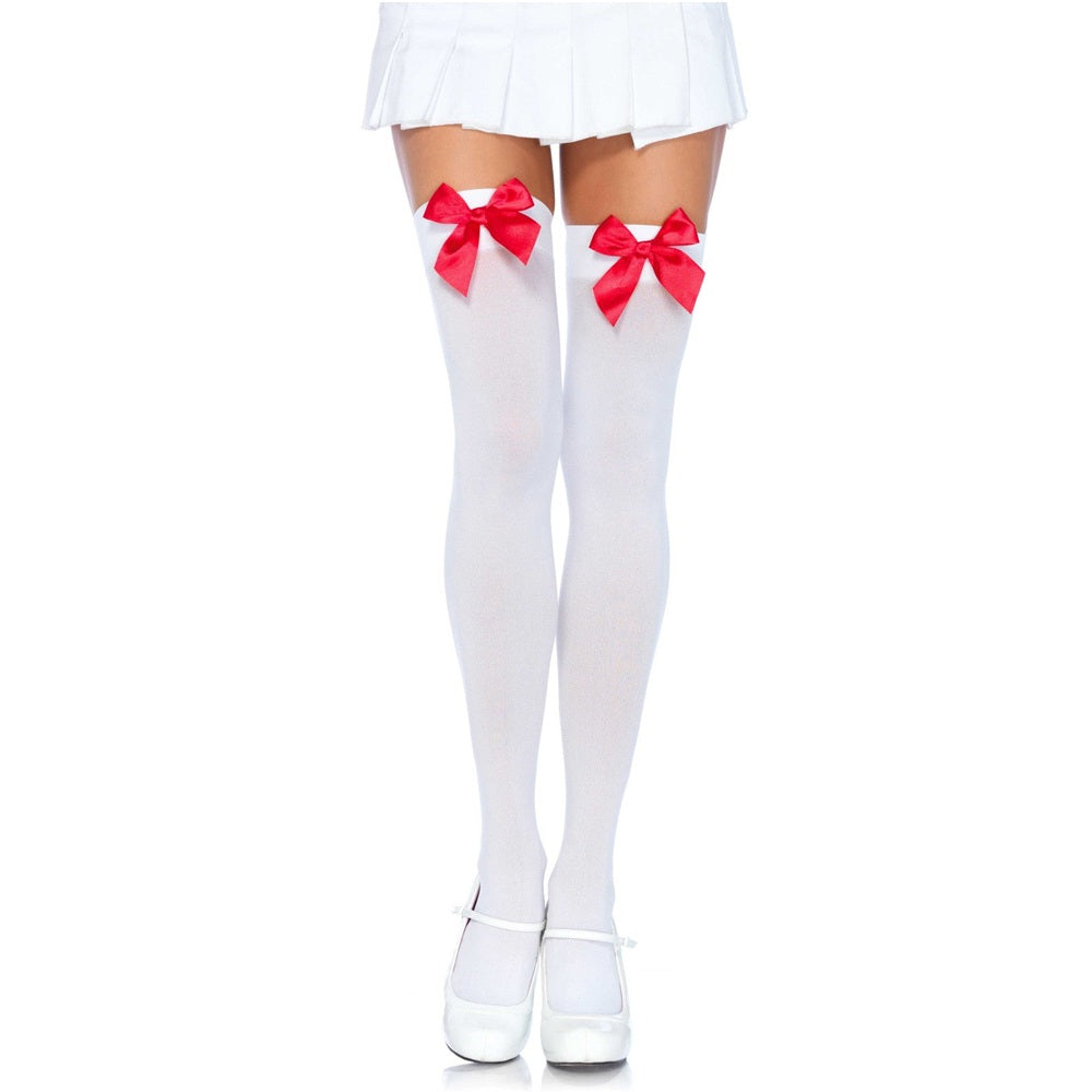 Leg Avenue Nylon Thigh Highs with Bow - White/Red