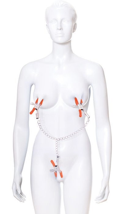 9'S ORANGE IS THE NEW BLACK TRIPLE YOUR PLEASURE CLAMPS & CHAIN